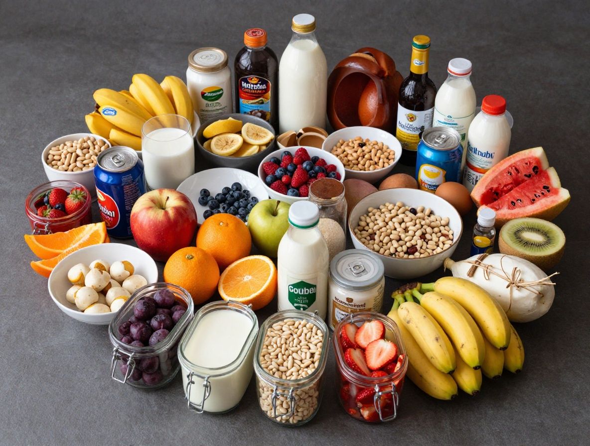 Raznobojna hrana bogata nutrijentima raspoređena u krug na bijeloj površini, uključujući orašaste plodove, sjemenke, voće i povrće s geometrijskom preciznošću