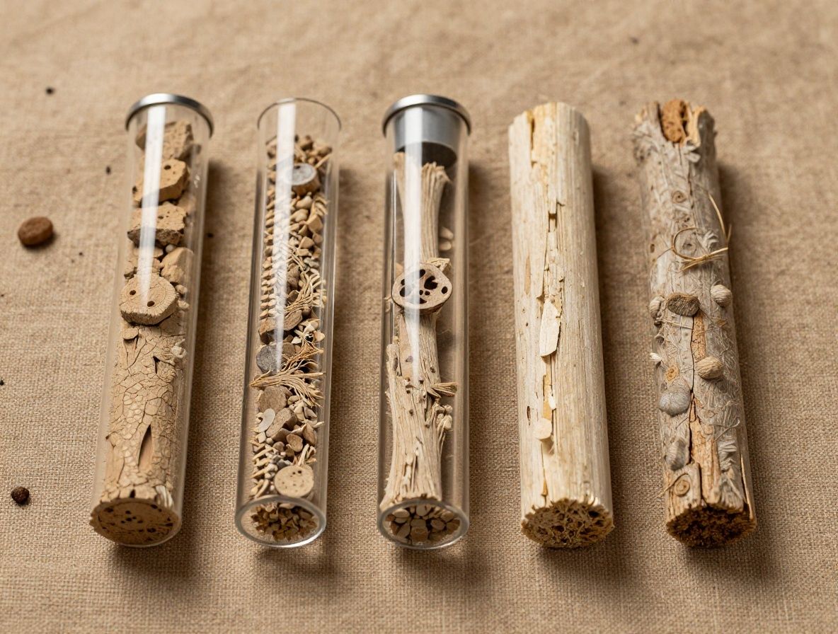 Laboratorijska staklena tikvica s bistrim tekućinama okružena botaničkim elementima i mineralnim uzorcima na bijeloj podlozi u minimalističkom stilu